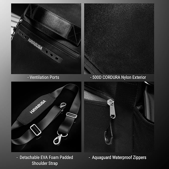 Hayabusa Airstream Athletic Duffle Gym Bag for Women and Men - Black, 50l duffle bag - 7 zippered Pockets, Good for travel, Boxing, MMA, BJJ, kickboxing, Muay Thai, wrestling, Glove/Shoe Compartment-StrideForce Fitness