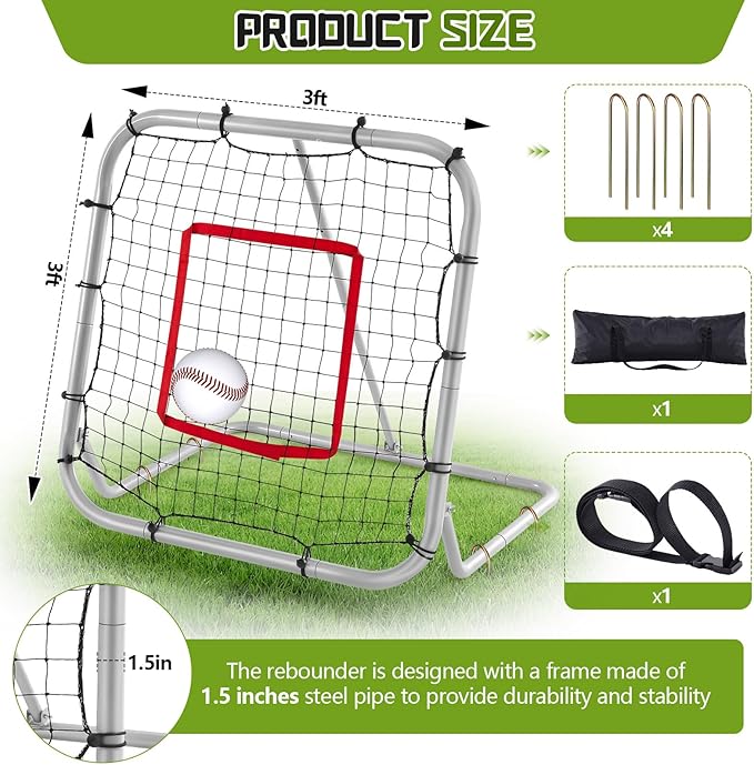 3' x 3'/1.67' x 1.67' Pro Portable Baseball and Softball Rebounder Adjustable Heavy Duty Pitch-Back Net with Bag Strap Fielding Trainer Net 3 Angles Ground Balls Line Drives Pop Flies-StrideForce Fitness
