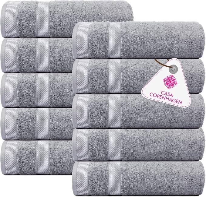 CASA COPENHAGEN, Designed in Denmark, 600 GSM, Hand Towels 16x28 Inches, Set of 10 - Grey Violet, Super Soft and Absorbent, Egyptian Cotton Towels for Bathroom & Kitchen-StrideForce Fitness