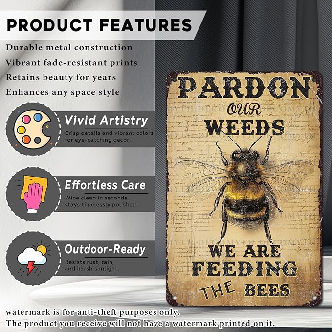 Vintage Bee Tin Sign Pardon Our Weeds We're Feeding The Bees Retro Garden Metal Poster Funny Wall Art Cafe Office Wall Decor for Kitchen Home Bar Plub Club Shop 12 * 8inch-StrideForce Fitness