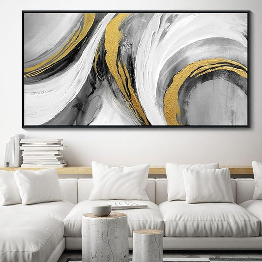 White Gold Wall Art - Abstract Framed Large Size Black White Gold Hand Drawn Textures Artwork Ink Dances With Gold Canvas Painting for Living Room Office Hallway Bed Above Decor 29"X58"-StrideForce Fitness