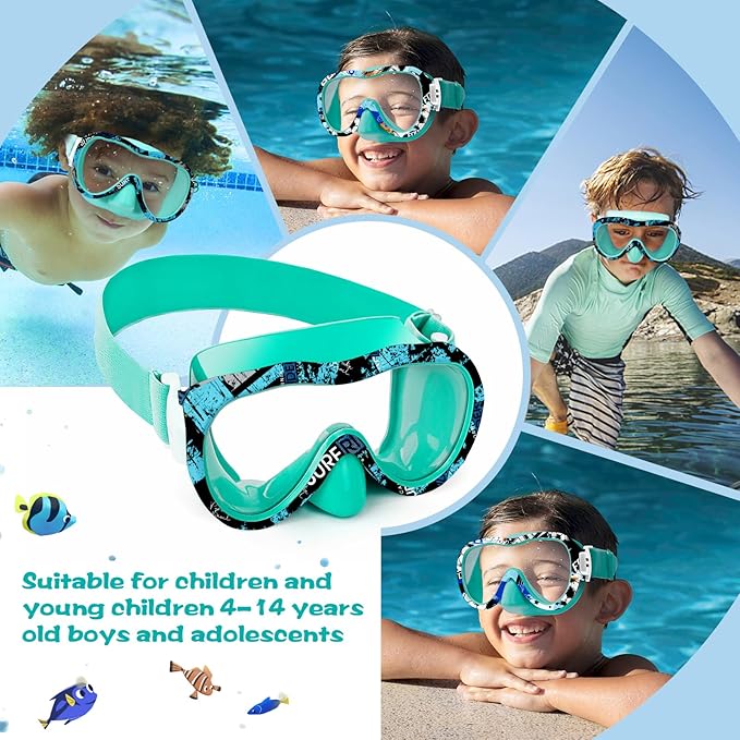 Kids Swim Goggles with Nose Cover, 180° Panoramic Snorkel Mask with Anti-Fog & Anti-Leak Design, Comfort Fabric Strap UV Protection Lens for Boys Girls Ages 3-15-StrideForce Fitness