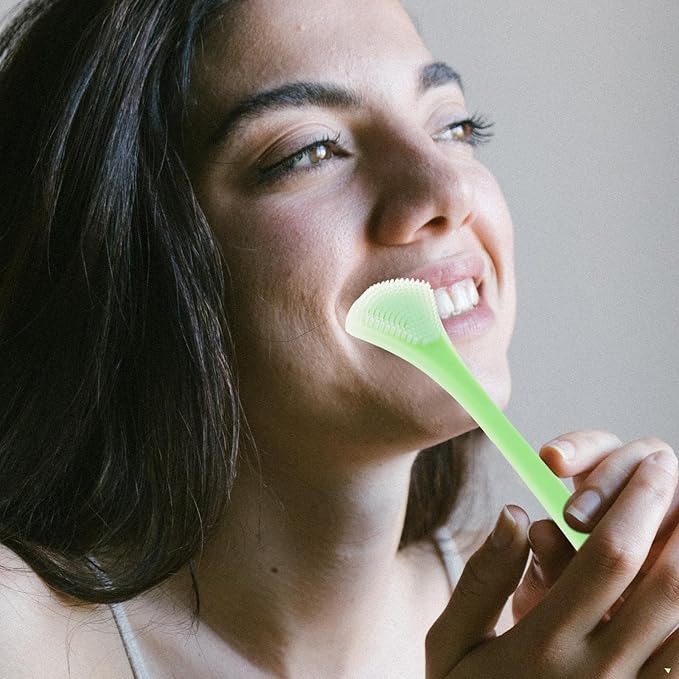 SOIMISS Portable Silicone Tongue Scraper for Adults, Double-Sided Oral Care Tool in Mint Green, Handheld Tongue Coating Cleaner for Bad Breath Removal and Daily Hygiene