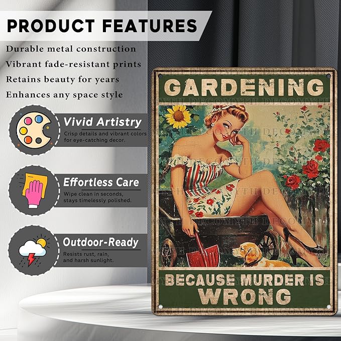 Gardening Because Murder Is Wrong Vintage Metal Tin Sign Rustic Wall Decor Outdoor Garden Art Yard Plaque Retro Home Decor Gift for Women Gardener Lovers 12 * 16inch-StrideForce Fitness