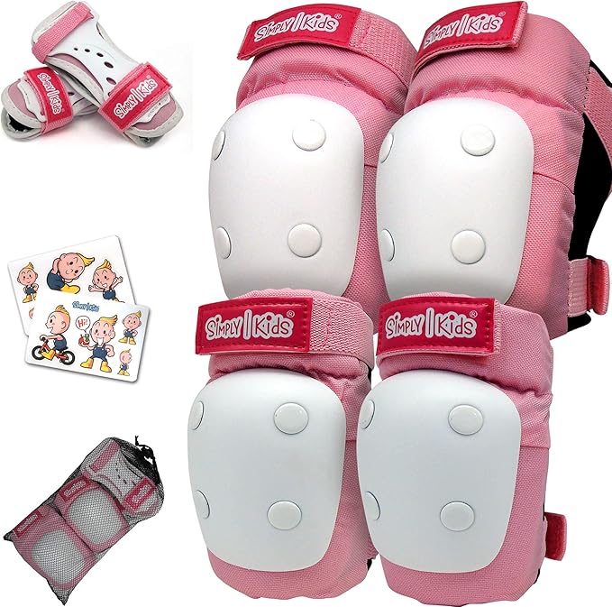 Simply Kids Knee and Elbow Pads with Wrist Guards, HardSoft Pad Tech. - CPSIA Certified Protective Gear Set - Inline Roller Skate Skateboard Bike Knee Pads for Kids Child Girls Boys Toddler Youth-StrideForce Fitness
