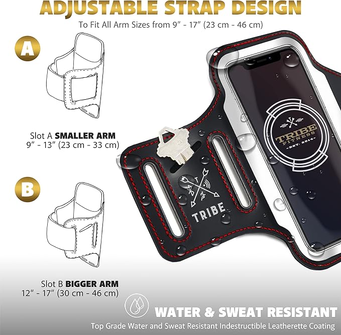 TRIBE Running Phone Holder Armband. iPhone & Galaxy Cell Phone Sports Arm Bands for Women, Men, Runners, Jogging, Walking, Exercise & Gym Workout. Fits All Smartphones. Adjustable Strap, CC/Key Pocket-StrideForce Fitness