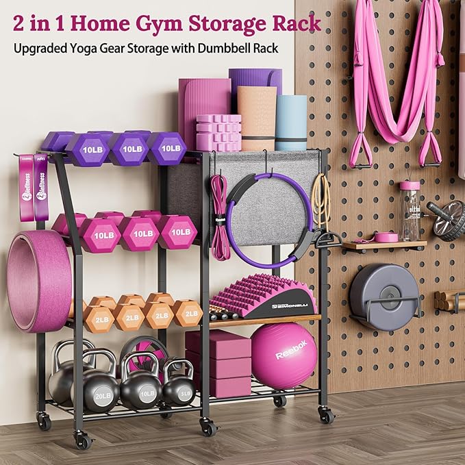 Dumbbell Rack for Kettlebell Dumber,Weight Rack Stand with Yoga Mat Holder,Home Gym Storage Rack for Gym Equipment Accessories,Workout Equipment Storage Organizer,Gym Essentials Yoga Gifts for Women-StrideForce Fitness