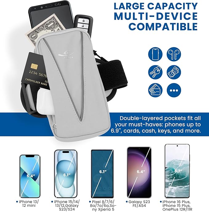 HiRui Cell Phone Holder Arm Bag & Wrist Bag for Phone, Sports Running Armband for Gym & Cycling, Compatible with iPhone 16/16Pro/Plus/15/14 Samsung Galaxy All Phones, Reflective & Adjustable (Gray)-StrideForce Fitness