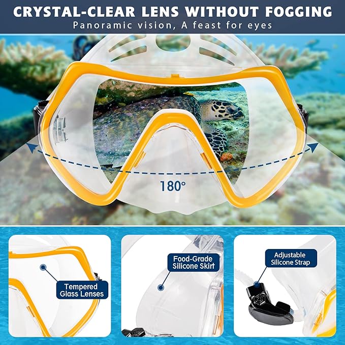 ZEEPORTE Mask Fin Snorkel Set, Travel Size Snorkeling Gear for Adults with Panoramic View Anti-Fog Mask, Trek Fins, Dry Top Snorkel and Gear Bag for Swimming Training, Snorkeling Kit Diving Packages-StrideForce Fitness