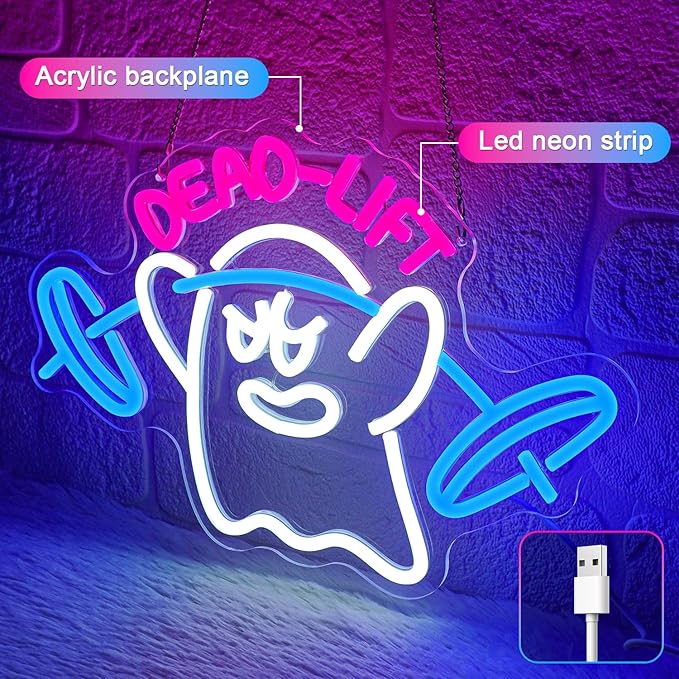 Dumbbell Neon Sign,Neon Signs for Wall Decor,Gym Neon Sign,Ghost Dead Lift Led Sign,Barbell Led Signs for Wall,USB Powered with Dimmable Switch Neon Lights for Bedroom,Gym Decor,Workout-StrideForce Fitness