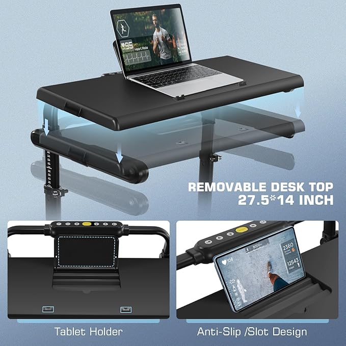 Walking Pad Treadmill with Desk Workstation,3.0 HP Foldable Treadmills with 12% Incline & Handle Bar,300lbs Capacity,2s Folding,Ultra-Quiet,Small/Compact Under Desk Treadmills for Home Ofiice-StrideForce Fitness