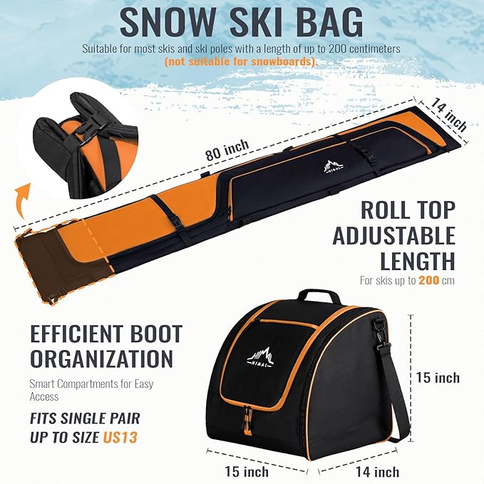 Ski Bag and Boot Bag Combo, Padded Skis Bag for Air Travel, Safety Reinforce Ski Carrier Bag Fits for Skis Up to 200 CM and Boots Up To Size US13, Water- resistant Ski Travel Bag-StrideForce Fitness