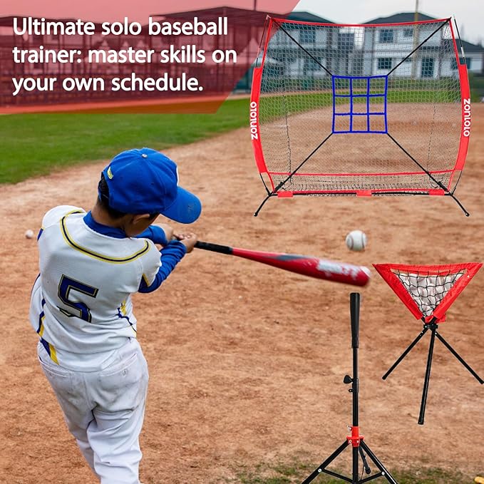 6x6ft Portable Baseball & Softball Net for Hitting，Pitching, Batting and Throwing, with Sturdy Bow Frame,Batting Tee, Ball Caddy and Strike Zone, Middel Size, Great for Kids!-StrideForce Fitness