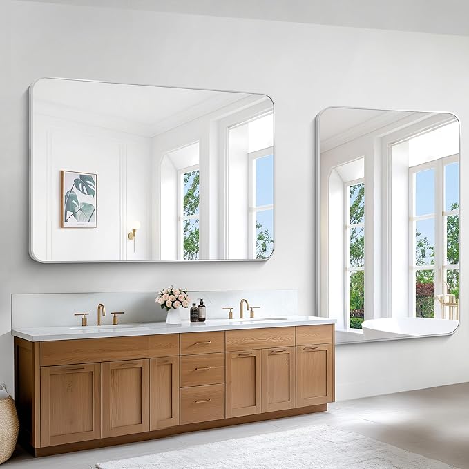 Silver Bathroom Mirror,60x40 inch Wall Mirror for Bathroom Wall Mounted,Rectangle Mirror for Bathroom Over Sink,Modern Frame Round Corner for Living Room,Bedroom Entryway,Horizontal/Vertical-StrideForce Fitness