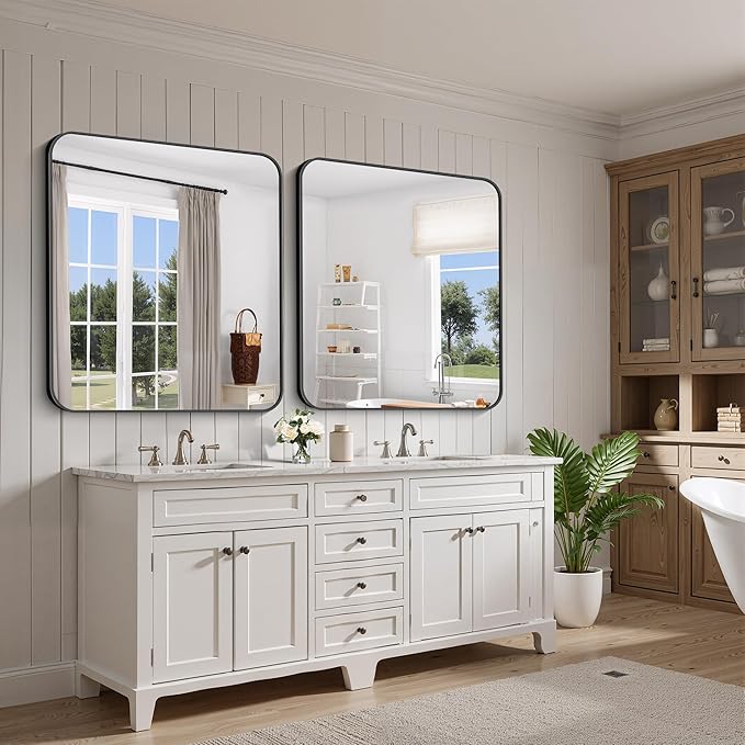 FORBATH Bathroom Mirror 36x40 Inch, Large Rectangular Wall Mirror with Black Aluminum Frame, Rounded Corners, Horizontal or Vertical Mount for Bathroom, Bedroom, Entryway-StrideForce Fitness