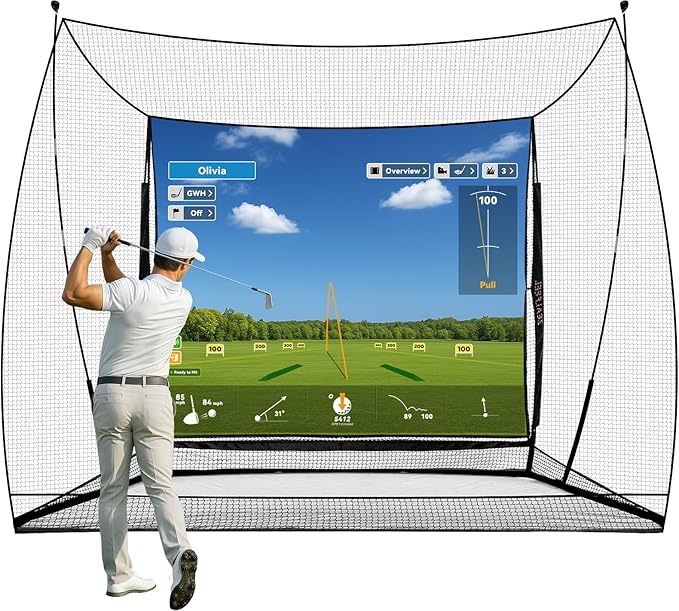 Golf Simulator Cage with Side Barriers&Impact Screen – 10x8 FT Golf Net with Dual-Layer HD Simulator Screen for High-Speed Shots, Practice Net with Ball Return for Indoor Outdoor Backyard-StrideForce Fitness