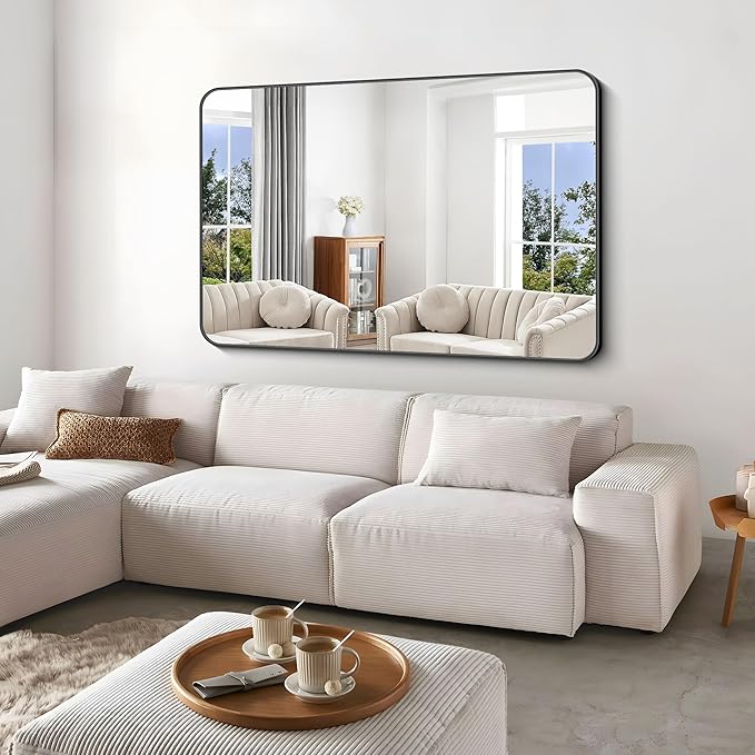 Black Bathroom Mirror,60x40 inch Wall Mirror for Bathroom Wall Mounted,Rectangle Mirror for Bathroom Over Sink,Modern Frame Round Corner for Living Room,Bedroom Entryway,Horizontal/Vertical-StrideForce Fitness