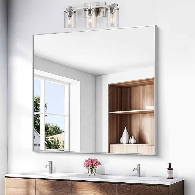 Silver Bathroom Mirror,48x48 inch Wall Mirror for Bathroom Wall Mounted,Large Rectangle Mirror for Bathroom Over Sink,Modern Metal Frame for Living Room,Bedroom Entryway,Horizontal/Vertical-StrideForce Fitness