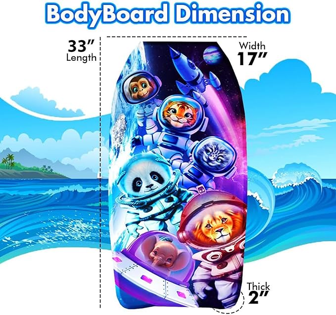 PMU 33 Inch Space Animals Printed Bodyboard - Lightweight Wrist Leash Body Board for Beach, Sea & Pool - Surfing Board for Teens & Adults Wave Conditions Pkg/1-StrideForce Fitness
