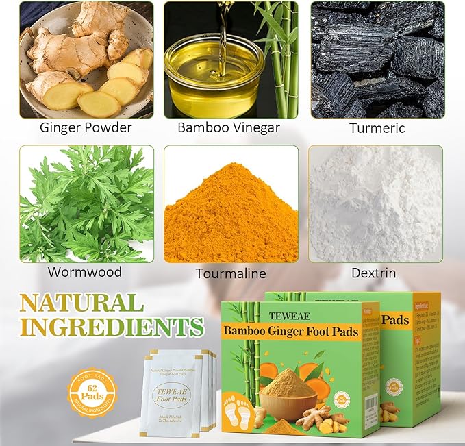 62 Pads Foot Pads -with Pure Natural Turmeric & Ginger, Wormwood, Bamboo Vinegar, Bigger Adhesive Pad Ginger Foot Pads-StrideForce Fitness