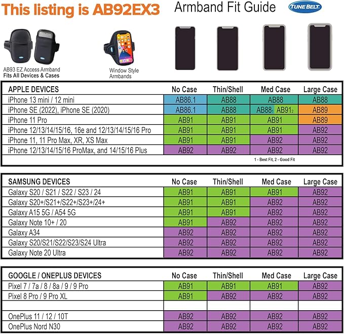 Tune Belt AB92EX3 Running Armband for iPhone 16/15/14/13 Pro Max, Plus, Galaxy Ultra/Plus/Note – Fits Large Phone with Large Case, Phone Holder Includes EX3 Strap Extender for XL Biceps (Black)-StrideForce Fitness