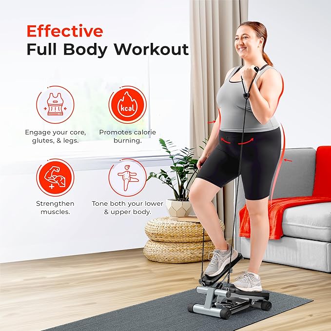 Sunny Health & Fitness Mini Stepper for Exercise at Home, Stair Step Workout Machine with Resistance Band and Over 300lb Weight Capacity, Optional Twist Motion and Free SunnyFit App Connection-StrideForce Fitness