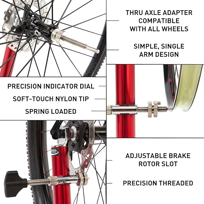 FEEDBACK SPORTS | Pro Truing Stand with Thru Axle Adapter | Compact and Portable Lightweight Aluminum | Integrates With Repair Stand | Precision Spring-Loaded Tip Verifies Lateral True-StrideForce Fitness