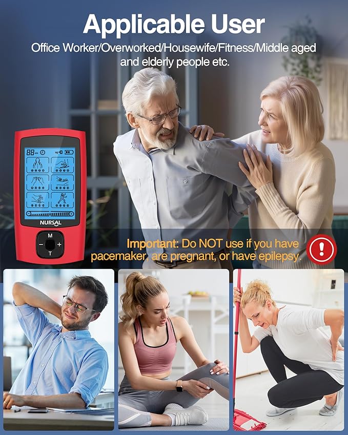NURSAL 24 Modes TENS Unit Muscle Stimulator, Rechargeable Electronic Pulse Massager with 8 Pads for Back and Shoulder Pain Relief and Muscle Strength (Red)-StrideForce Fitness