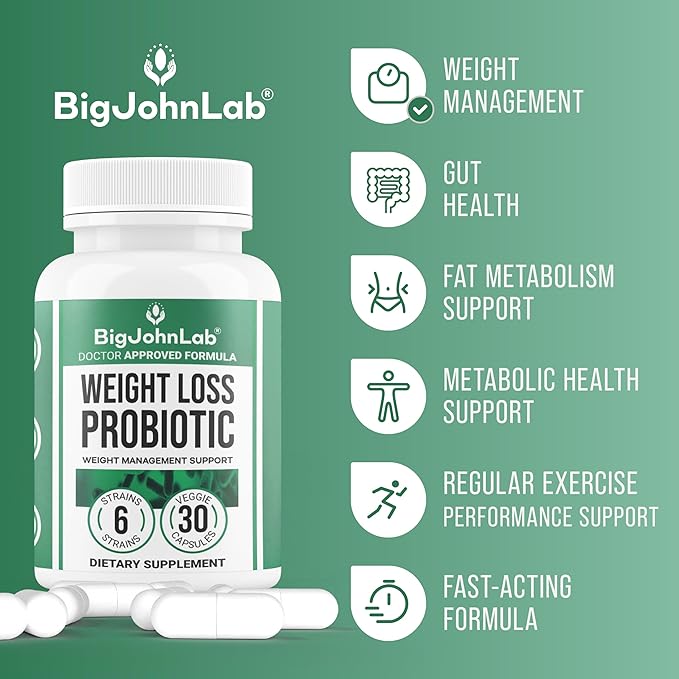 BIGJOHNLAB® - Probiotics for Weight Management & Bloating - 6 Probiotic Strains - Prebiotics - Key Ingredient Cayenne & Green Tea - Supports Gut Health - Weight Management for Women & Men - 30 CT-StrideForce Fitness