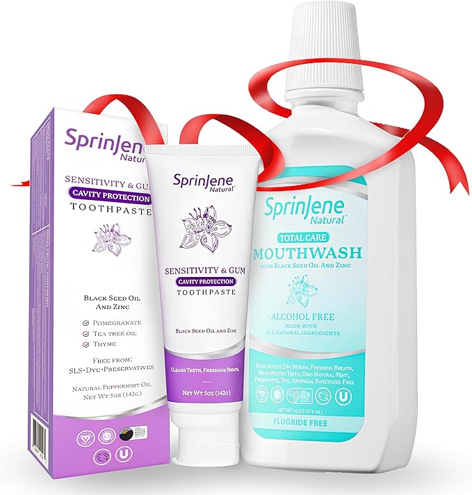 SprinJene Natural Sensitivity & Gum, Fluoride Toothpaste for Sensitive Teeth (1 Pack) + Fluoride Free & Alcohol Free Mouthwash