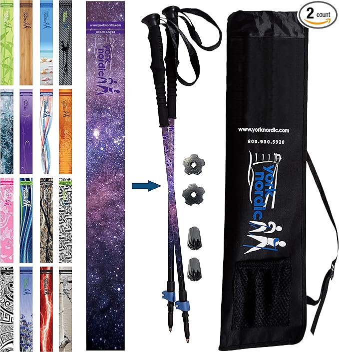York Nordic Hiking & Walking Poles - Cushion Foam Grips w/Nordic Strap - Lightweight, Adjustable, and Great for Balance -2 Pieces w/Flip Locks, and Travel Bag - Heights 5'4"-6'2"-StrideForce Fitness