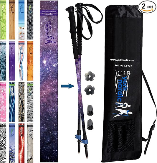 York Nordic Hiking & Walking Poles - Cushion Foam Grips w/Nordic Strap - Lightweight, Adjustable, and Great for Balance -2 Pieces w/Flip Locks, and Travel Bag - Heights 5'4"-6'2"-StrideForce Fitness