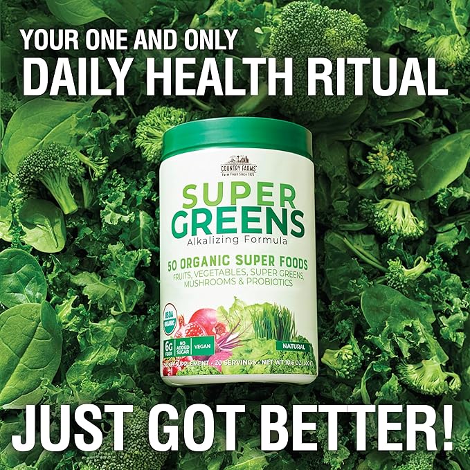COUNTRY FARMS Super Greens Natural Flavor, 50 Organic Super Foods, USDA Organic Drink Mix, Fruits, Vegetables, Super Greens, Mushrooms & Probiotics, Supports Energy, 20 Servings, 10.6 Oz-StrideForce Fitness