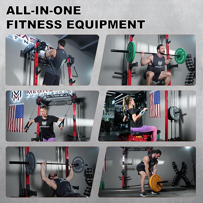 Wall Mounted Power Rack – 1600LB Capacity Compact Commercial Home Gym with Dual Cable Crossover, LAT Pulldown, Multi-Grip Pull-Up Bar & Landmine Attachment for Small Spaces, P67 Striker Red-StrideForce Fitness