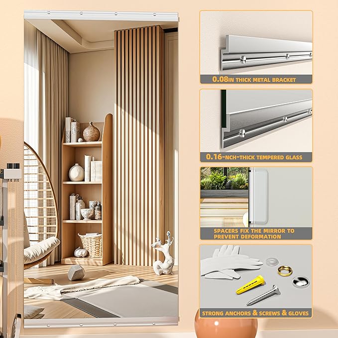 Hasipu Home Gym Mirror, 52"x17" x 3 PCS Frameless Wall Mounted Mirrors, Large Body Mirror for Home Gym, Yoga Studio, Bedroom, Silver Tempered Glass-StrideForce Fitness