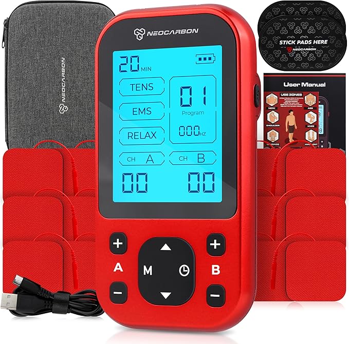 TENS Unit Muscle Stimulator Pro for Back Pain Relief, Shoulder Recovery and Physical Therapy, Electronic EMS Massager Machine with PMS Pulse for Effective Shock Therapy, Red-StrideForce Fitness