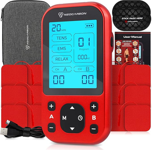 TENS Unit Muscle Stimulator Pro for Back Pain Relief, Shoulder Recovery and Physical Therapy, Electronic EMS Massager Machine with PMS Pulse for Effective Shock Therapy, Red-StrideForce Fitness