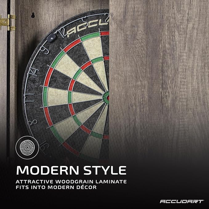 Accudart Match Pro Dartboard Cabinet Set - Official Size - Self Healing Sisal - Modern Style Woodgrain - Two Built-in Dartholders - LED Lighting - Includes Scoreboard, Chalk, Eraser, and Six Darts-StrideForce Fitness