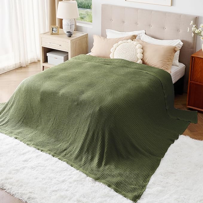 Bedsure 100% Cotton Large Blanket Oversized King for Bed - Breathable Thick Waffle Weave Blanket for Summer, Couch Cover, Olive Green, 120x94 inches-StrideForce Fitness