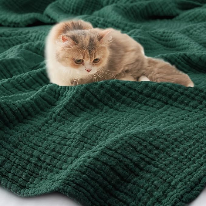 Carriediosa 100% Cotton Muslin Throw Blanket 50" X 70" Throw XL Size，4-Layers Summer Gauze Throws for Bed Couch，Soft Lightweight Breathable Linen Blankets Bedspread for Adults All Season，Dark Green-StrideForce Fitness