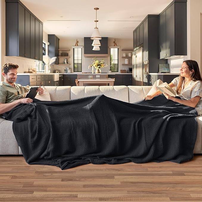 Bedsure 100% Cotton Blanket King Size for Bed - Breathable and Soft, Waffle Weave Blanket for Summer, Thick Cozy Fall Blankets for Women Gift, Black, 104x90 inches-StrideForce Fitness