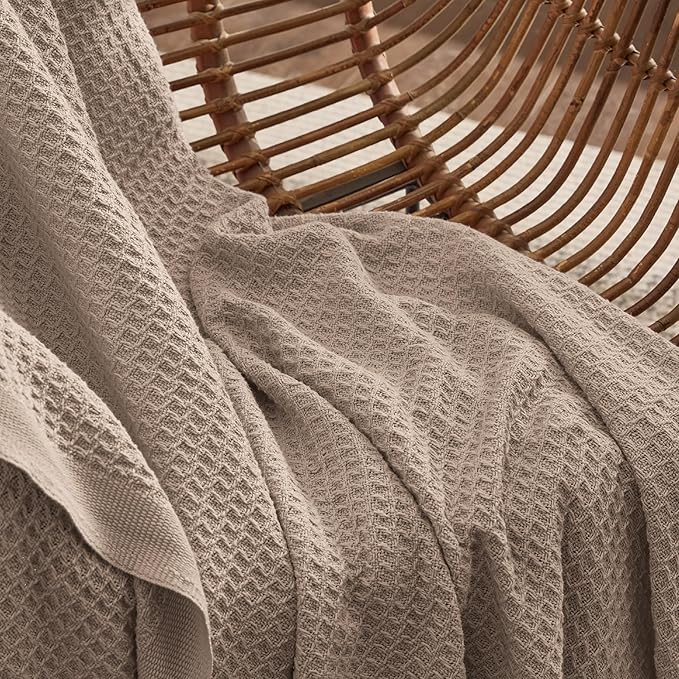 Bedsure 100% Cotton Large Throw Blanket for Couch 50x70 inches - Breathable and Soft, Waffle Weave Throw Blanket for Office, Taupe-StrideForce Fitness