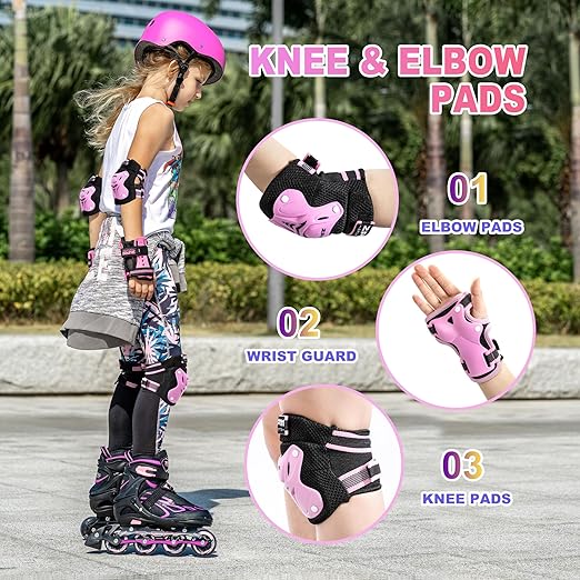 Knee Pads for Kids, Wrist Guards Knee and Elbow Pads Set with Drawstring Bag, Protective Gear Set for Girls Boys Roller Skating Cycling Skateboard - Pink Medium-StrideForce Fitness