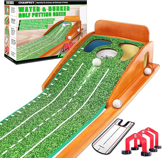 CHAMPKEY Professional Hazard Golf Putting Green Come with Golf Putting Gates and Putting Mirror - Progressive Slope Tech and Noise Reduction Tech Golf Putting Mat-StrideForce Fitness
