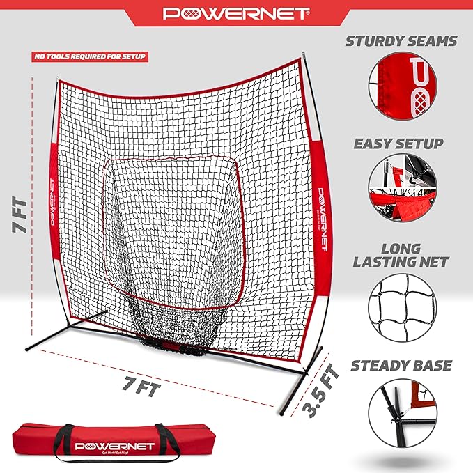 PowerNet Baseball Softball Practice Net 7x7 with Baseball Accessories for Practice Pitching, Batting & Fielding, Ball Caddy, Weighted Baseballs, Tee-StrideForce Fitness