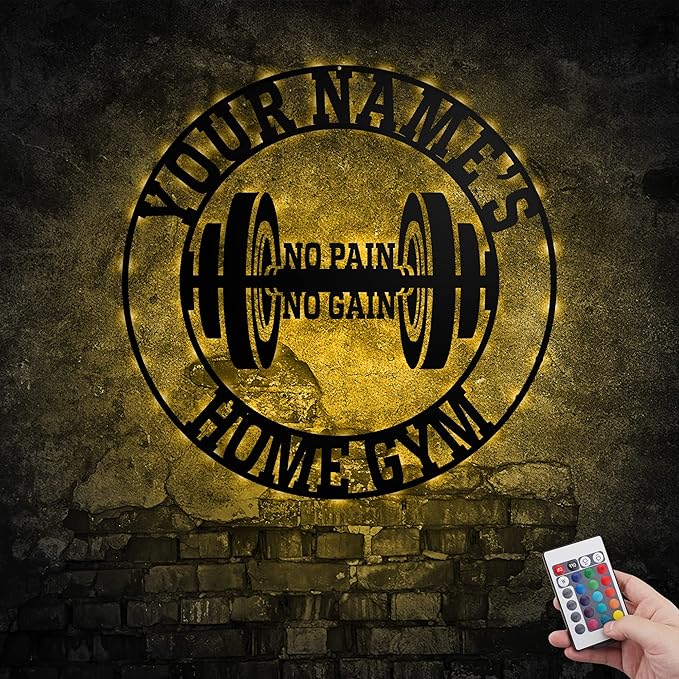 Personalized Home Gym LED Tin Metal Sign Multiple Sizes, Gym Sign Wall Decor, Exercise Workout Room Decor Fitness Center, Motivational Inspirational Hanging Wall Art Wall Plaque (03 w/lights)-StrideForce Fitness