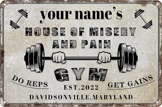 Custom Gym Sign Wall Art Decor Personalized Name Aluminum Metal Sign Retro Workout Room Fitness Center Tin Sign - house of misery and pain-StrideForce Fitness