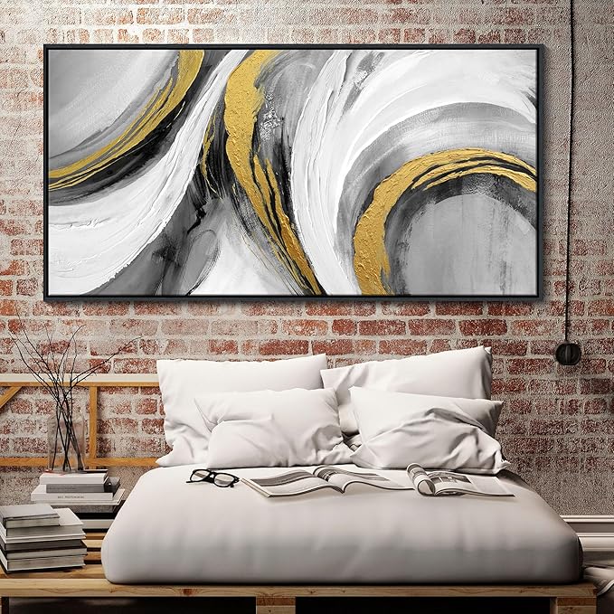 White Gold Wall Art - Abstract Framed Large Size Black White Gold Hand Drawn Textures Artwork Ink Dances With Gold Canvas Painting for Living Room Office Hallway Bed Above Decor 29"X58"-StrideForce Fitness