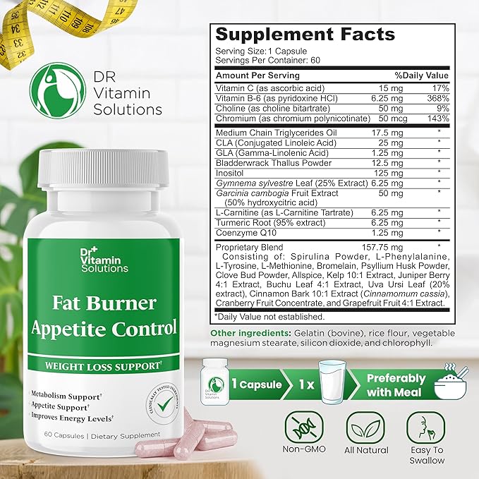 DR VITAMIN SOLUTIONS Fat Burner & Appetite Control Weight Loss Supplements for Women & Men - Metabolism Booster w/L-Carnitine, CLA, Chromium - Appetite Suppressant for Weight Loss - 60 Capsules-StrideForce Fitness