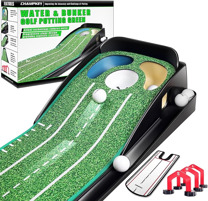CHAMPKEY Professional Hazard Golf Putting Green Come with Golf Putting Gates and Putting Mirror - Progressive Slope Tech and Noise Reduction Tech Golf Putting Mat-StrideForce Fitness